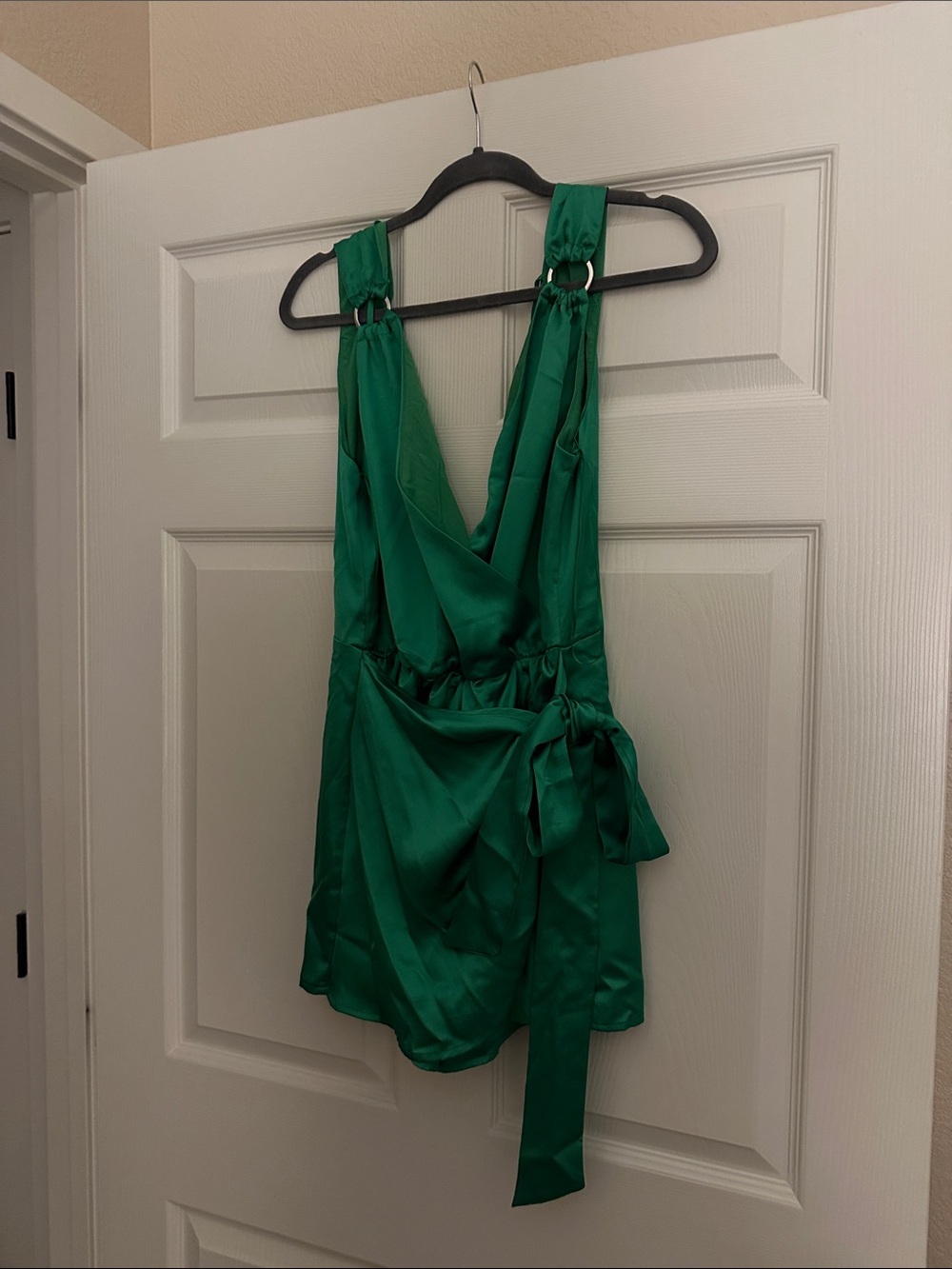 Green Satin V-Neck Romper with Ring-Detail Straps